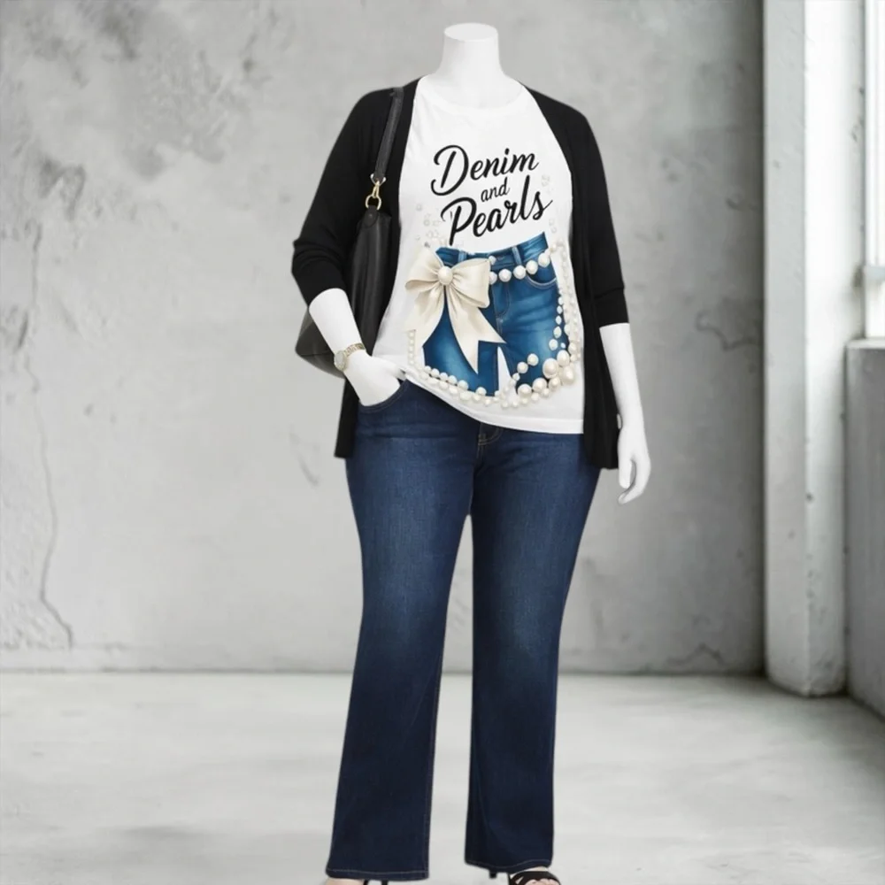 New “Denim and Pearls@ Graphic Tee - White - Picture 2 of 13